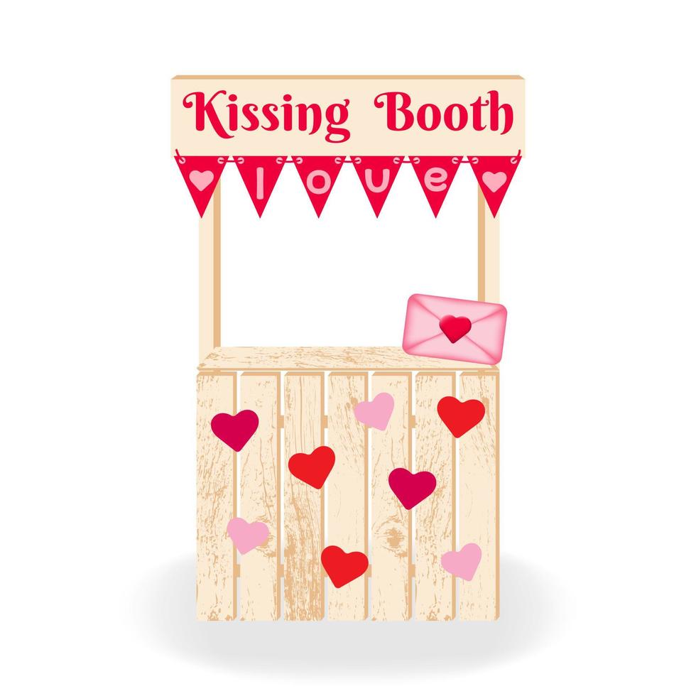 stand de baisers. décor festif sous la forme d'une cabine de baisers décorée de drapeaux et de cœurs. pour célébrer la Saint-Valentin, un mariage ou un anniversaire. illustration vectorielle. vecteur