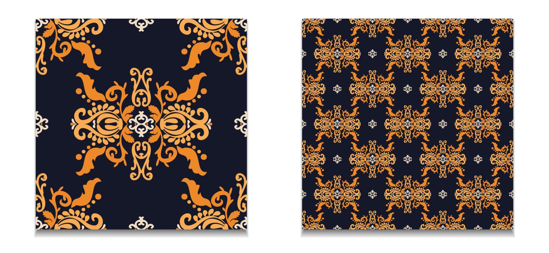 deux modèles sans couture de modèles vintage. ensemble de motifs damassés vectoriels. couleur bleu, orange. pour le tissu, le carrelage, le papier peint ou l'emballage. graphiques vectoriels. vecteur