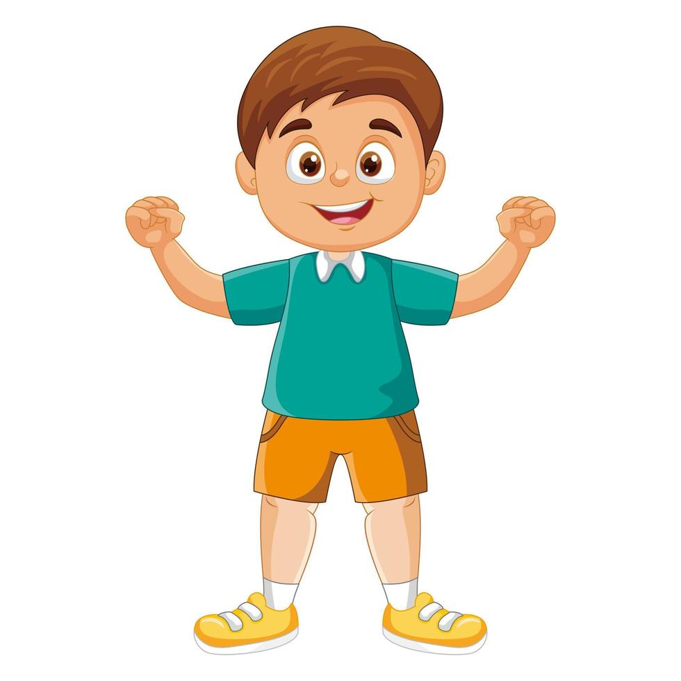 vecteur de dessin animé heureux petit garçon souriant tout en levant les mains
