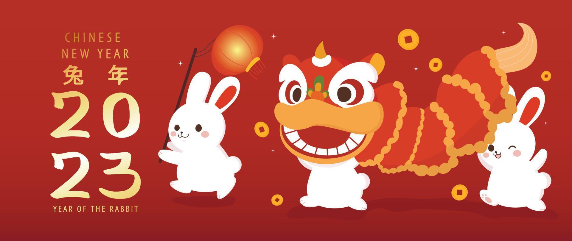 nouvel an chinois du lapin 2023 vecteur de fond de luxe. de jolis lapins blancs jouent avec la danse du lion, la lanterne et les pièces chinoises sur fond rouge. illustration de conception pour papier peint, carte, affiche.