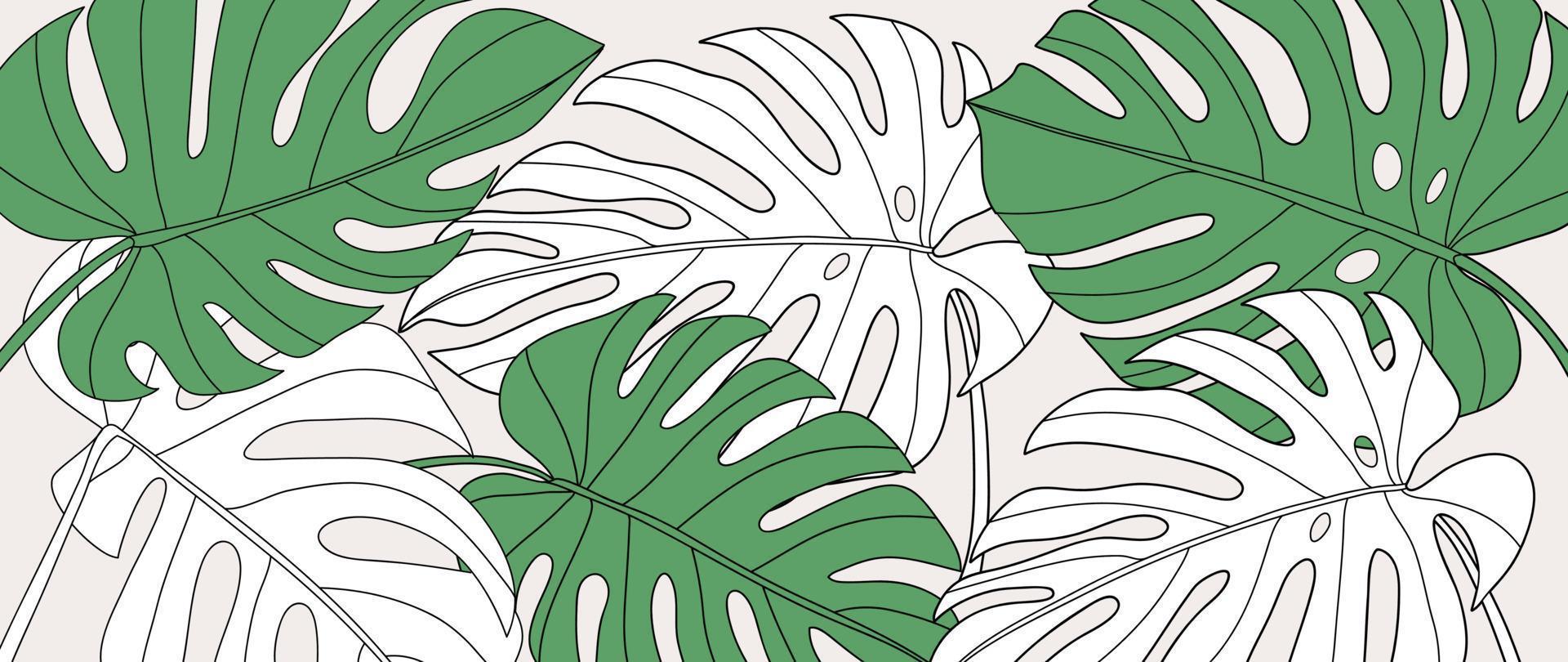 feuillage botanique ligne art fond illustration vectorielle. feuilles de monstera tropicales dessin au trait d'arrière-plan. conception pour le papier peint, la décoration intérieure, le site Web, l'emballage, l'impression, l'affiche, la couverture, la bannière. vecteur