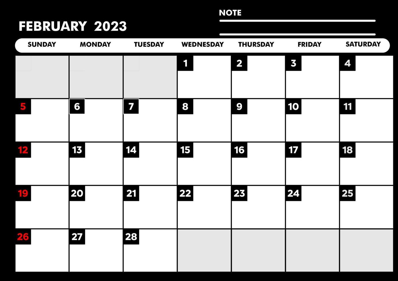 calendrier mois de fevrier pour le rabotage en mode noir a4 vecteur