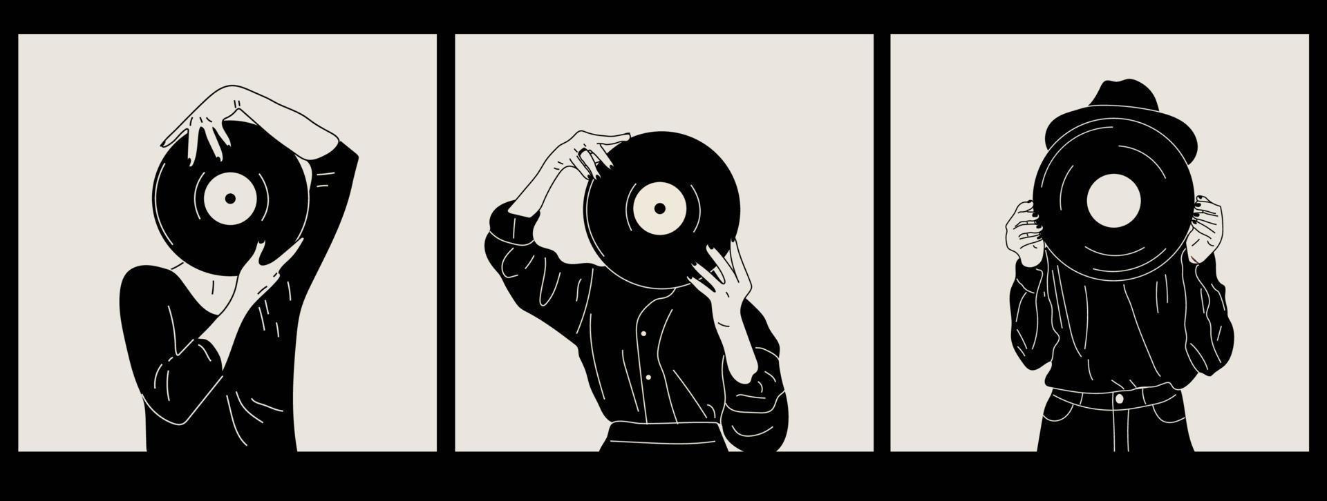 ensemble de trois filles tient un vieux disque vinyle dans ses mains. style de mode rétro des années 80. illustrations vectorielles en couleurs noir et blanc. vecteur