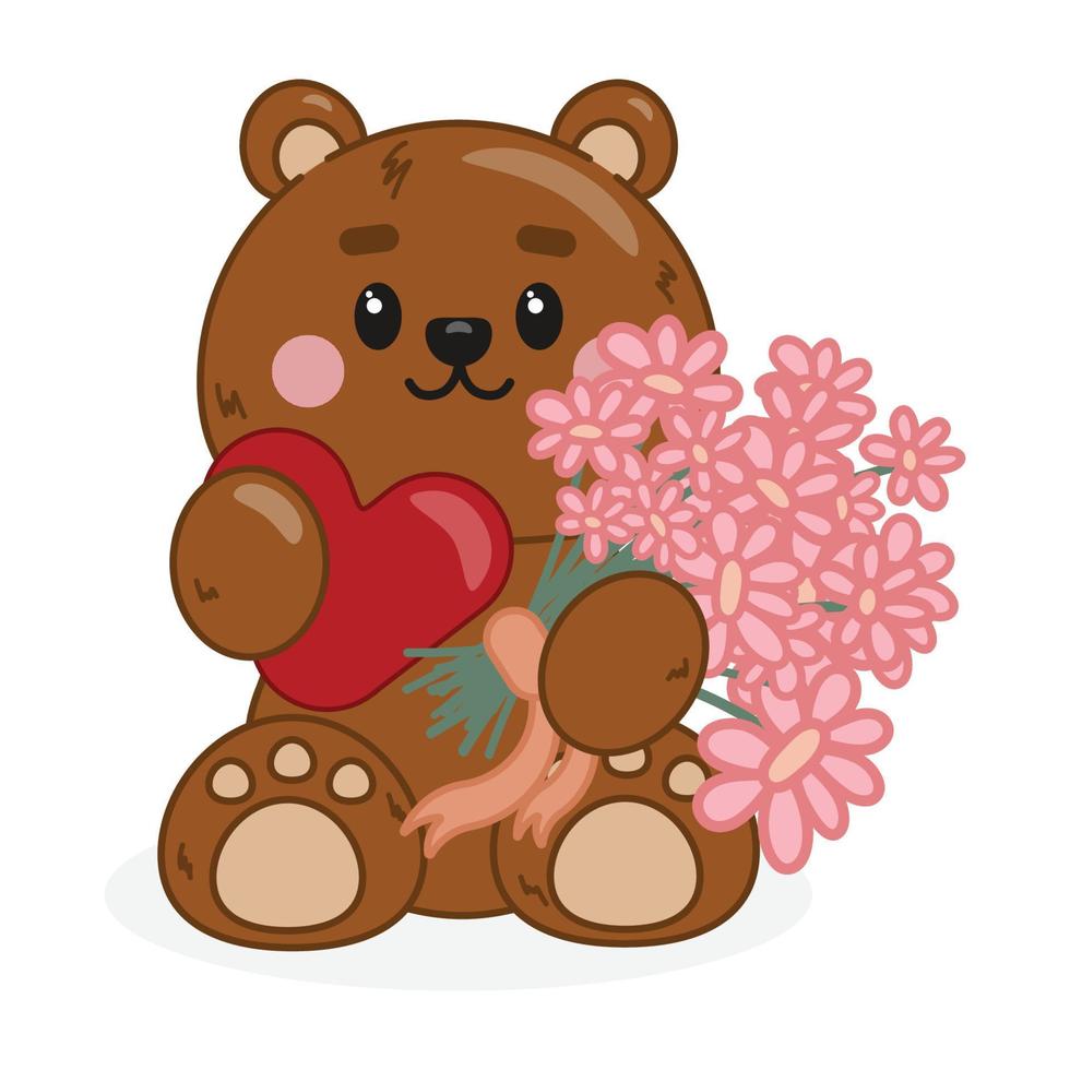 jolie illustration d'ours avec bouquet de fleurs vecteur