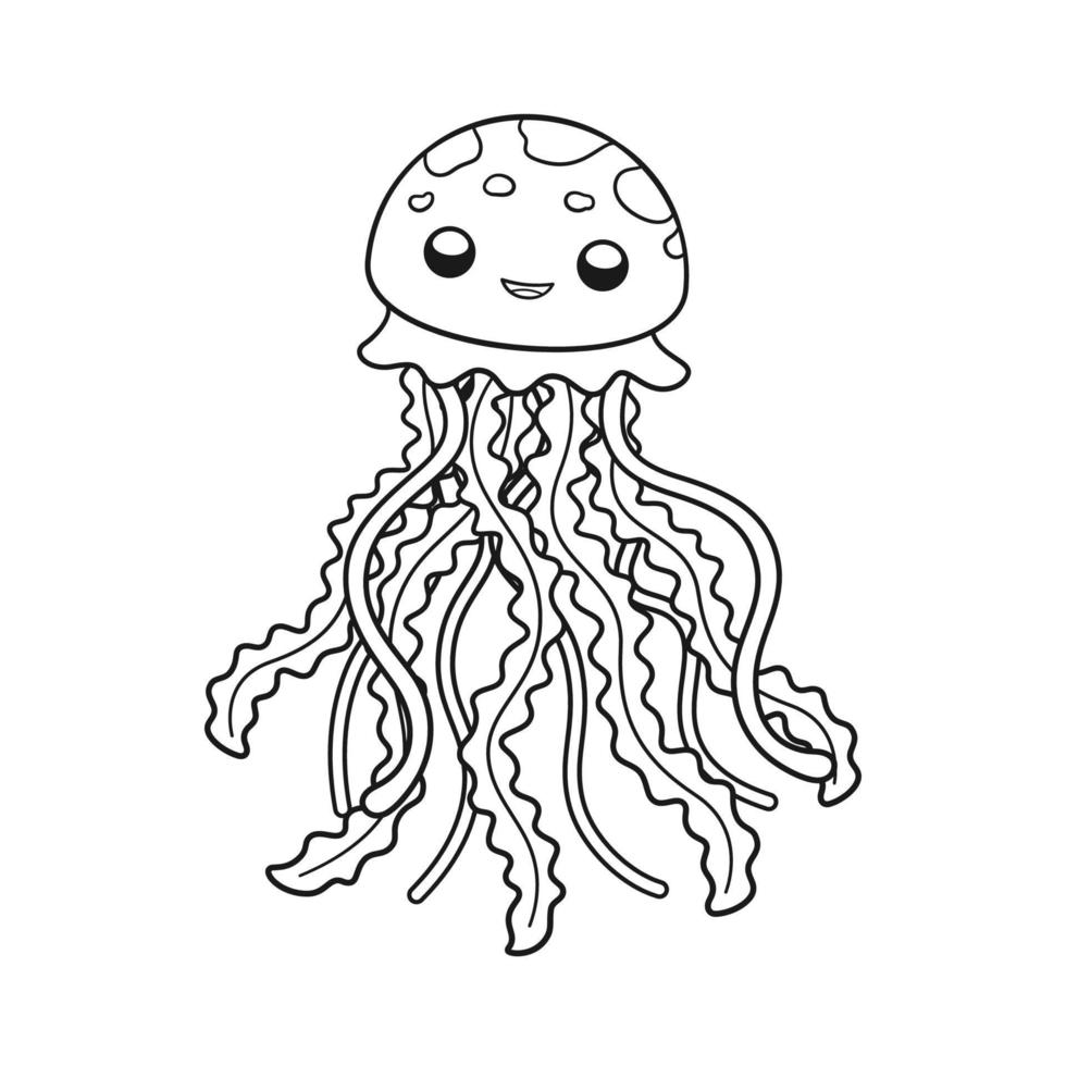 illustration d'art vectoriel de contour de méduse souriant heureux. conception de dessin animé d'animaux marins sous-marins. activité de page de livre de coloriage pour les enfants