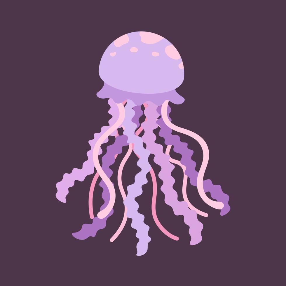 illustration d'art vectoriel de méduse. conception de dessin animé d'animaux marins sous-marins. design plat monochrome violet et rose pastel sur fond sombre.