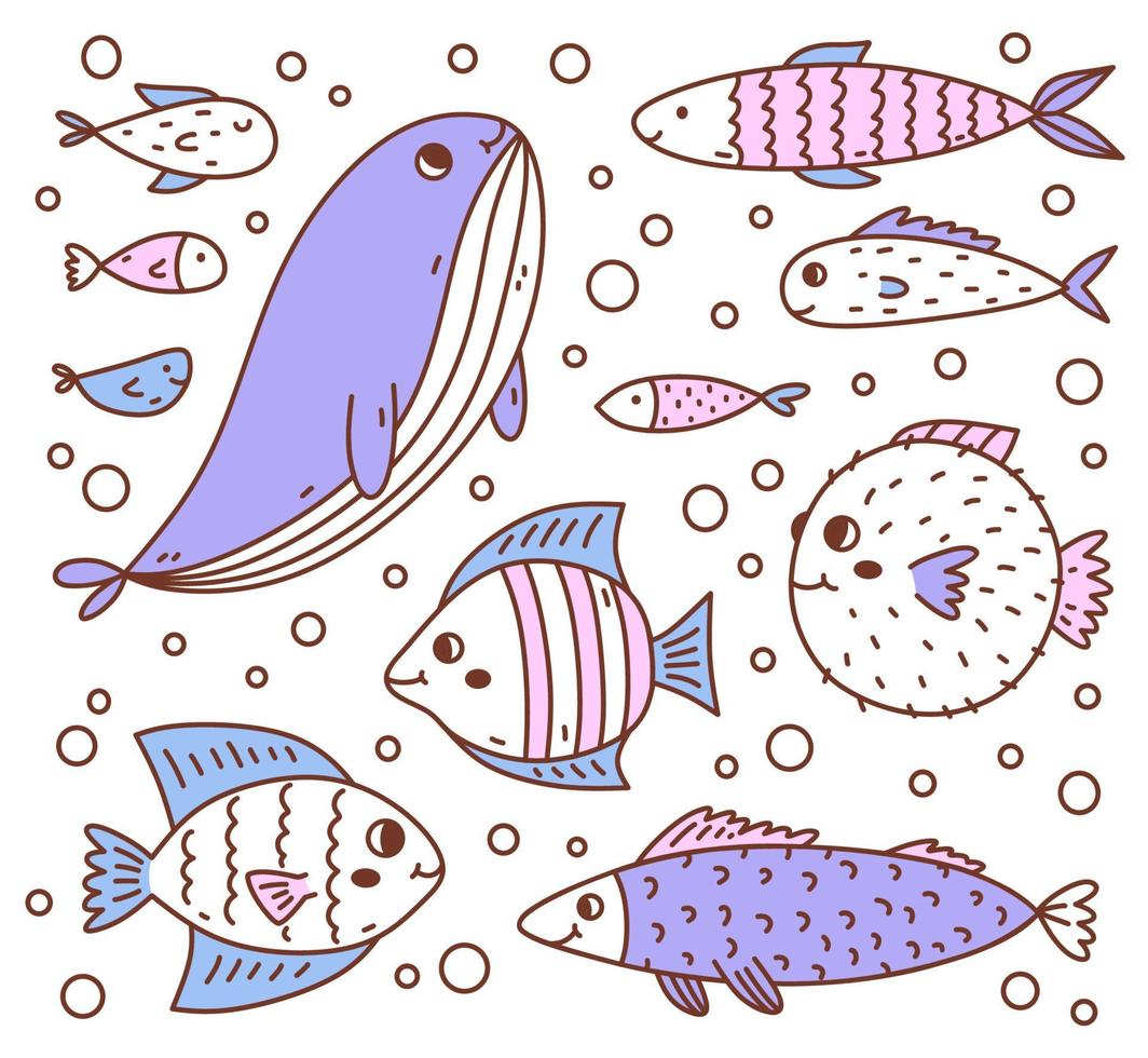 ensemble de poissons mignons et drôles isolés sur fond blanc. illustration vectorielle dessinée à la main dans un style doodle. parfait pour les décorations, logo, divers designs. personnages de dessins animés. vecteur