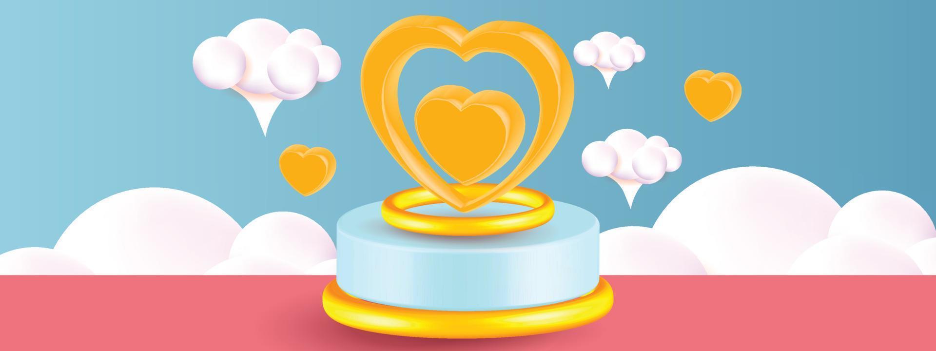 vente de saint valentin podium rose avec fleur ciel bleu fond vecteur bannière 3d nuage