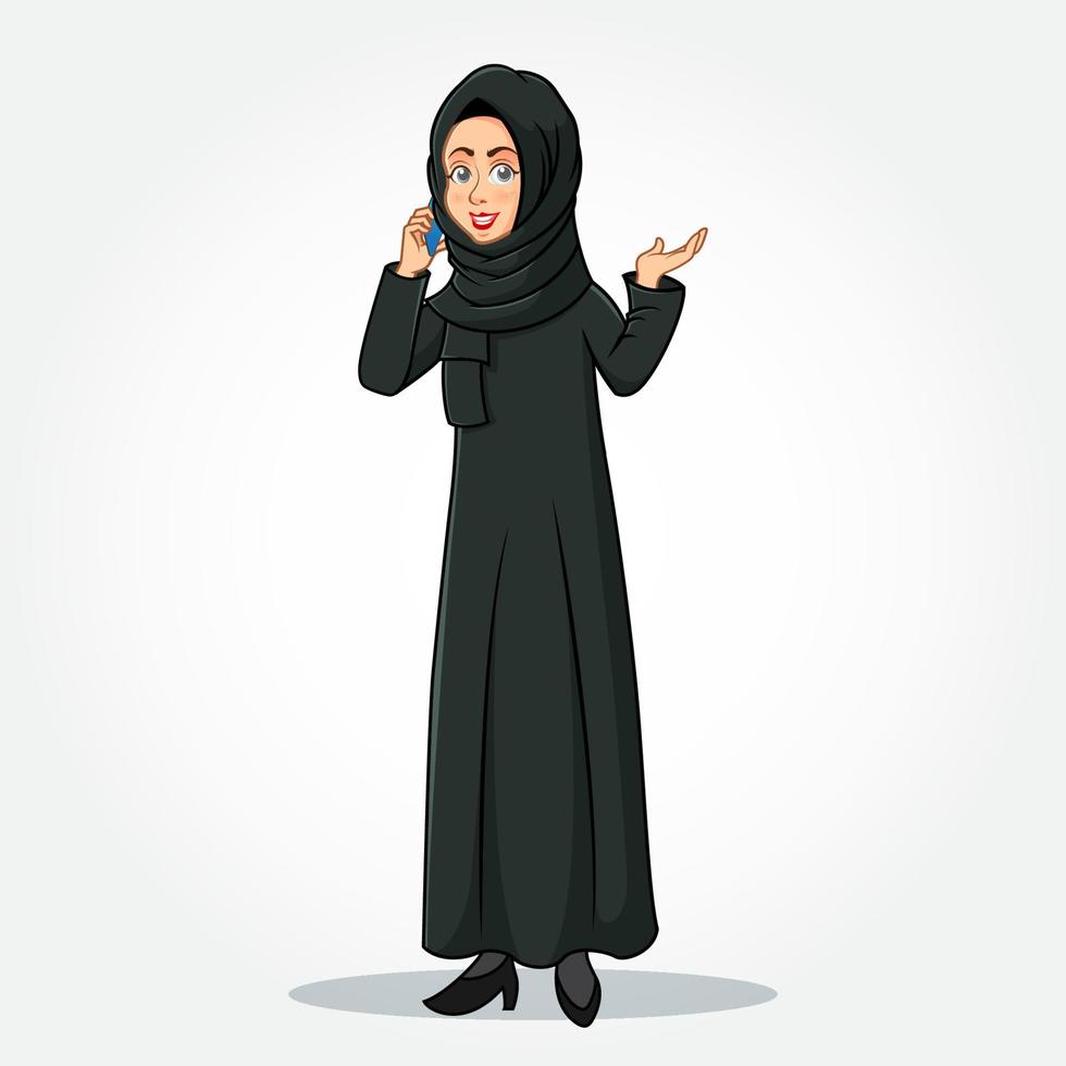 personnage de dessin animé de femme d'affaires arabe en vêtements traditionnels parlant sur un téléphone intelligent et gesticulant la main vecteur