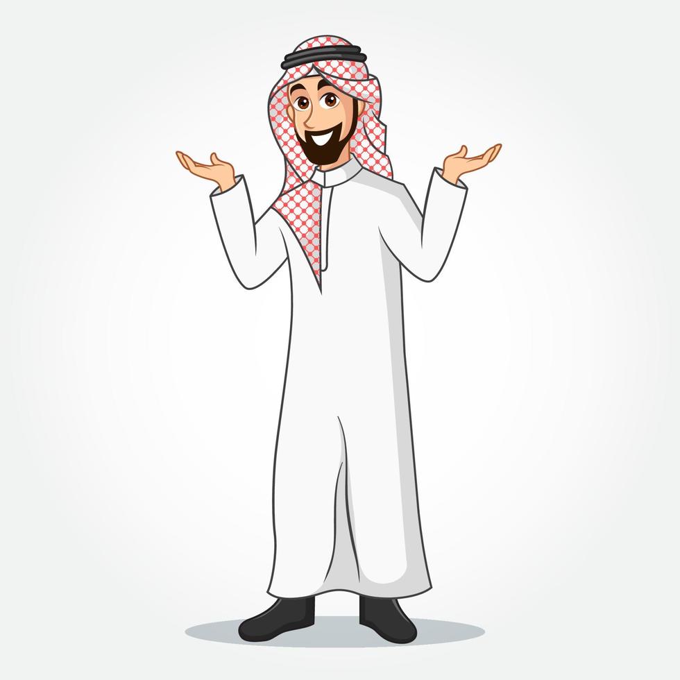 personnage de dessin animé d'homme d'affaires arabe en vêtements traditionnels écartant les mains vecteur