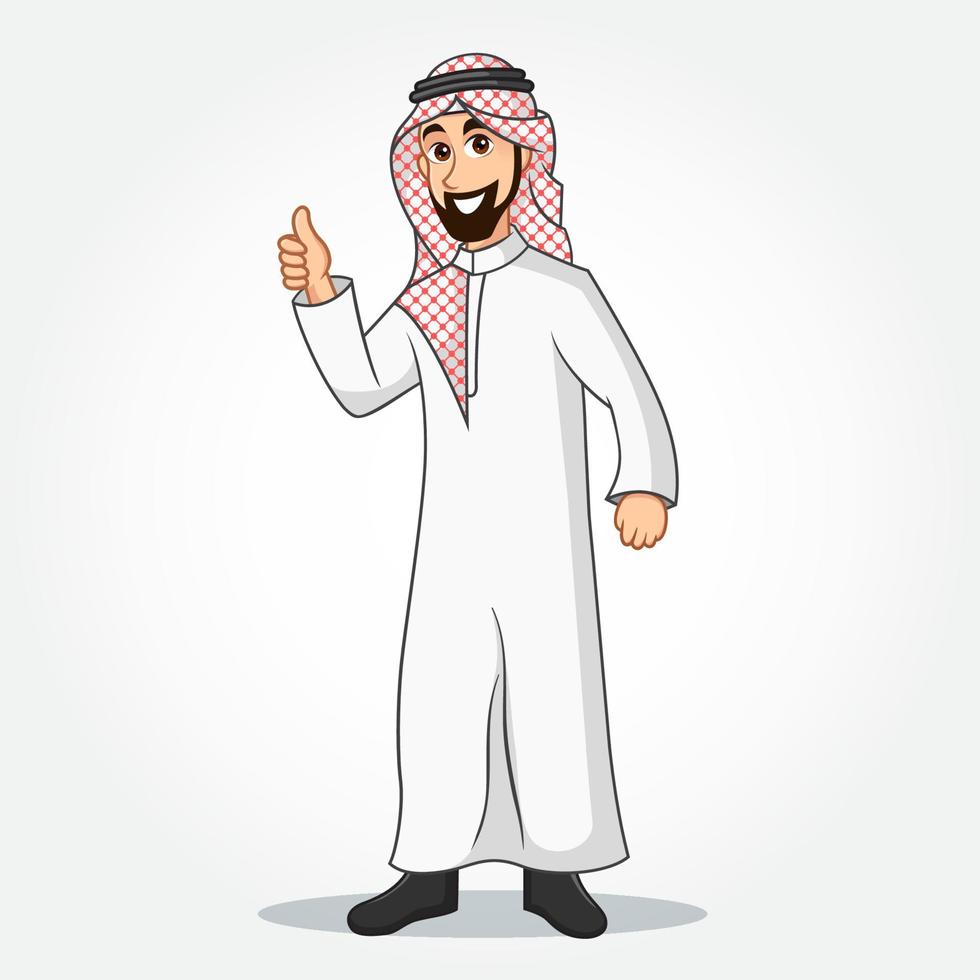 personnage de dessin animé d'homme d'affaires arabe en vêtements traditionnels donnant le pouce en l'air signe vecteur