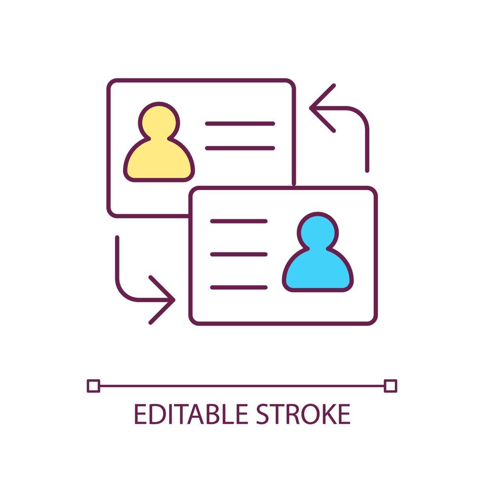 échanger des contacts personnels icône de couleur rvb. distribution mutuelle de cartes de visite professionnelles. identité formelle. illustration vectorielle isolée. dessin au trait rempli simple. trait modifiable vecteur