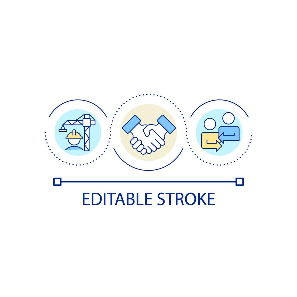partenariat dans l'icône de concept de boucle de développement de logements. construction construction coopération idée abstraite illustration ligne mince. dessin de contour isolé. trait modifiable vecteur