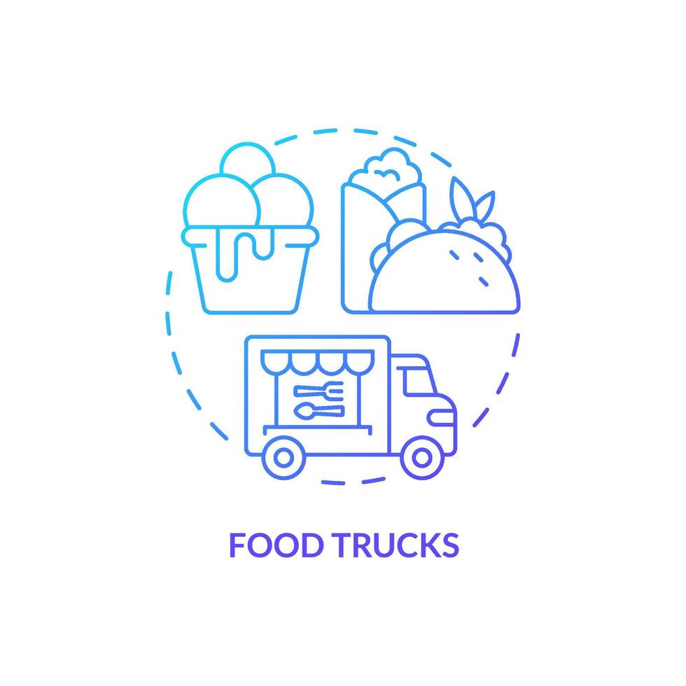 icône de concept de gradient bleu de camions de nourriture. illustration de fine ligne d'idée abstraite de type restaurant. véhicule pour cuisiner et vendre des collations. dessin de contour isolé vecteur