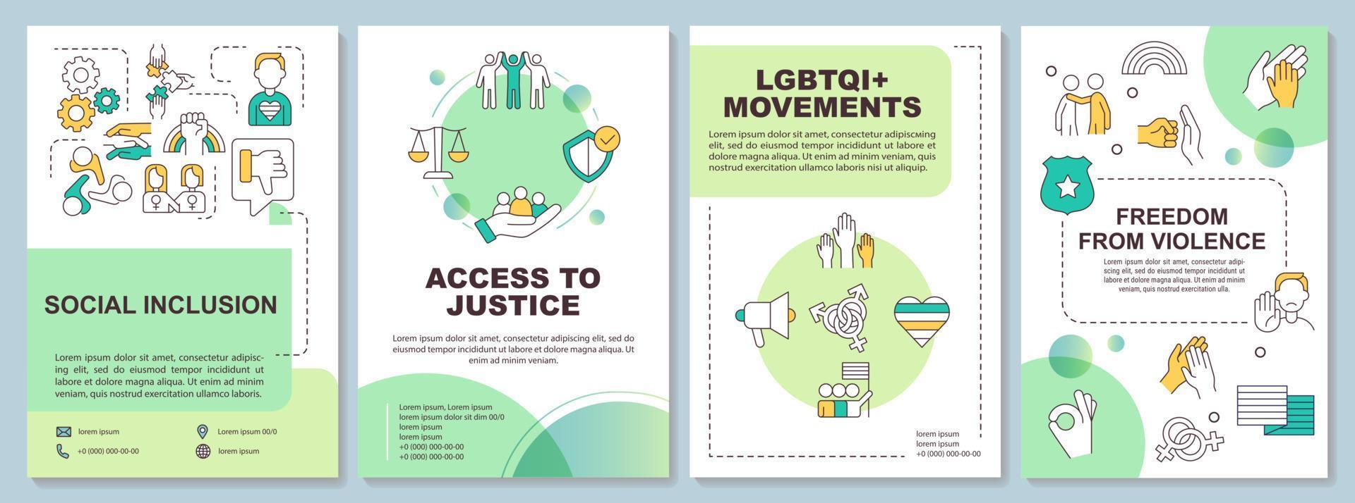 modèle de brochure verte des programmes communautaires lgbt. conception de dépliant avec des icônes linéaires. 4 mises en page vectorielles modifiables pour la présentation, les rapports annuels vecteur