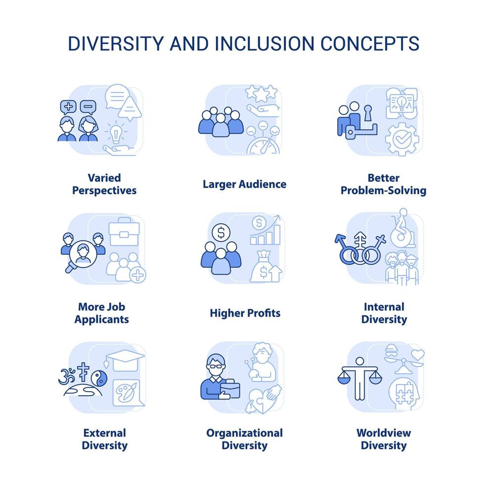 ensemble d'icônes de concept bleu clair de diversité et d'inclusion. idées de perspectives variées illustrations en couleur de lignes fines. symboles isolés. trait modifiable vecteur