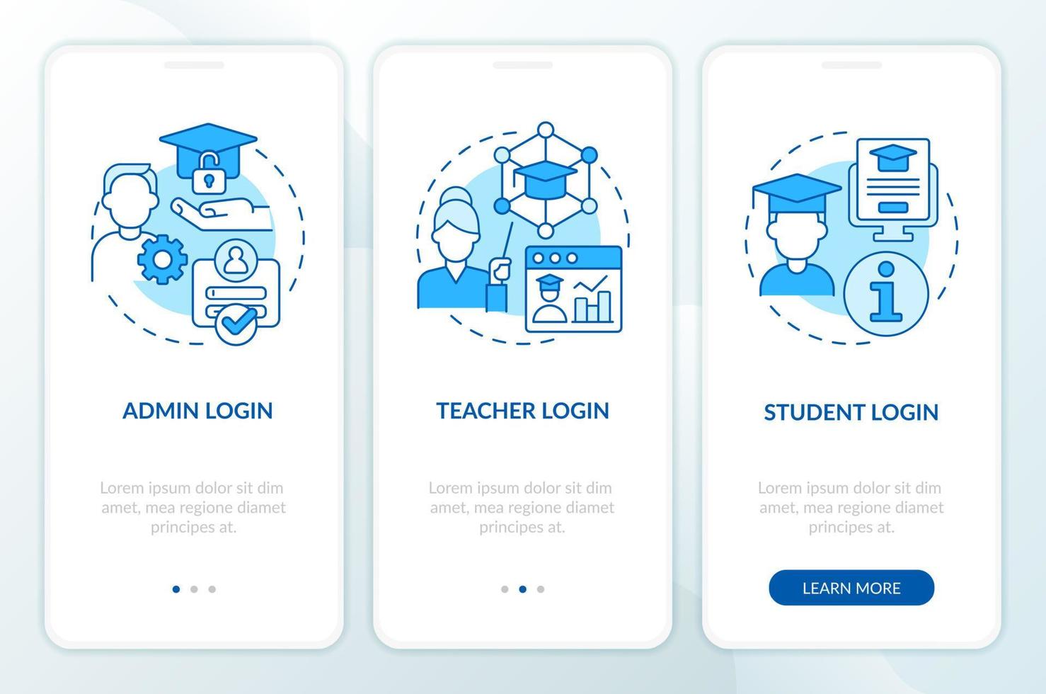 accès au système de gestion de l'apprentissage écran bleu de l'application mobile d'intégration. instructions graphiques modifiables en 3 étapes avec des concepts linéaires. ui, ux, modèle gui vecteur