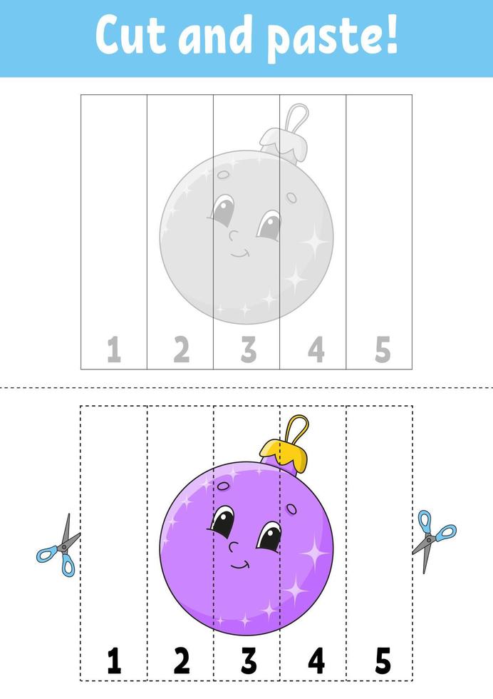 apprendre les numéros 1 à 5. couper et coller. personnage de dessin animé. feuille de travail de développement de l'éducation. jeu pour les enfants. page d'activité. illustration vectorielle. vecteur