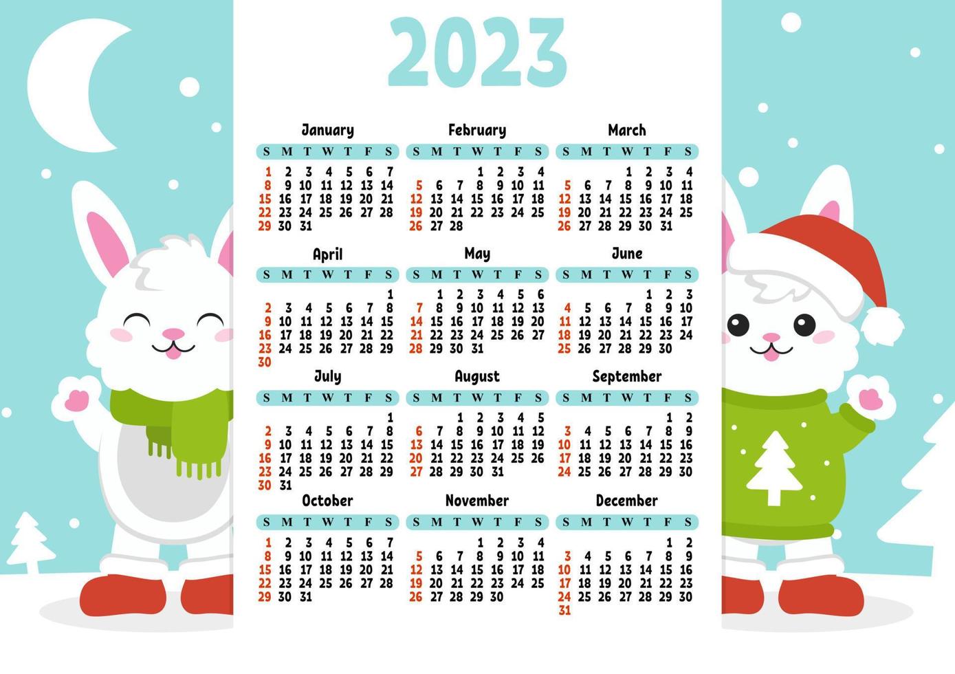 calendrier de couleur pour 2023 avec un joli personnage de lapin. la semaine commence le dimanche. design amusant et lumineux. style bande dessinée. illustration vectorielle. vecteur