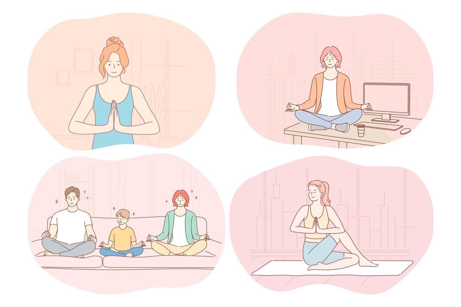 yoga, relaxation, méditation, concept de mode de vie sportif actif sain. jeunes familles, hommes, femmes pratiquant le yoga et méditant à la maison ou au bureau pendant les pauses. remise en forme, détente, harmonie, paix vecteur