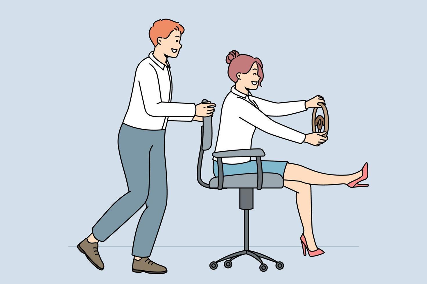 des collègues souriants se détendent sur des chaises au bureau. des employés ou des travailleurs heureux s'amusent pendant leurs loisirs sur le lieu de travail. illustration vectorielle. vecteur