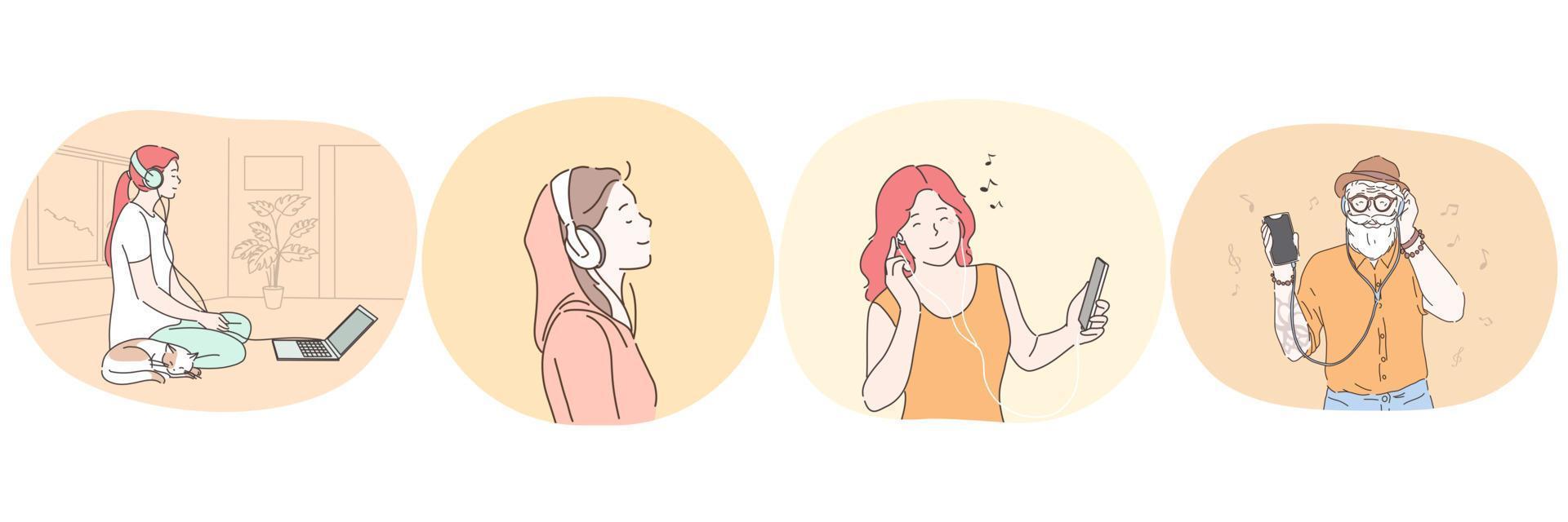 écouter de la musique ou un livre audio avec le concept d'écouteurs. jeunes femmes et hommes appréciant la musique ou le livre audio préféré, regardant un film avec des écouteurs connectés à un ordinateur portable ou à un smartphone vecteur