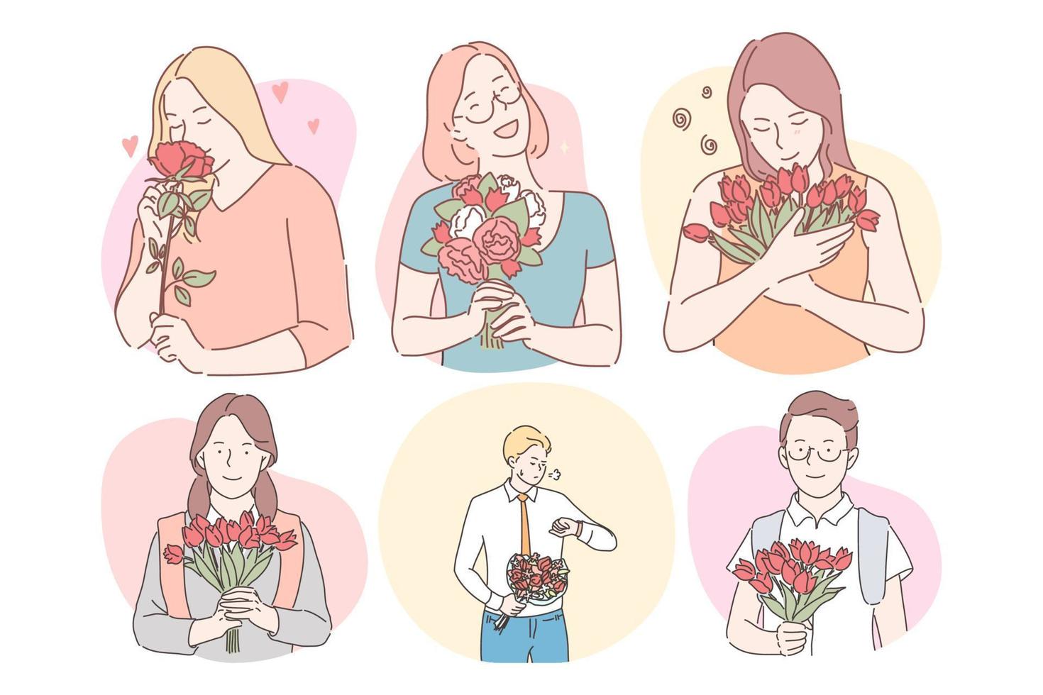 bouquets de fleurs comme cadeaux pour le concept des femmes. des personnages de dessins animés de femmes souriantes et heureuses tenant des bouquets de fleurs comme cadeaux pour les vacances et des hommes préparant des fleurs pour de chères femmes pour des rencontres vecteur