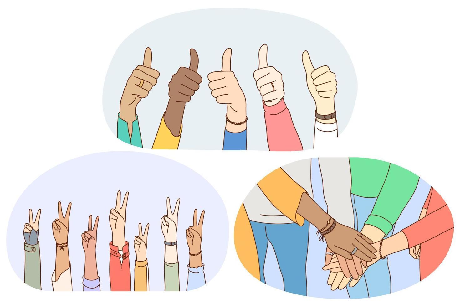 langage des signes et des gestes, concept d'expression des émotions des mains. mains de personnes de race mixte montrant le signe du pouce vers le haut, signe des doigts de la paix et faisant un tas de mains montrant le travail d'équipe et le soutien mutuel vecteur