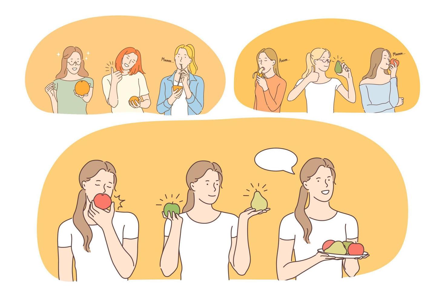 alimentation saine, alimentation propre, fruits, régime alimentaire, perte de poids, concept de nutrition. personnages de dessins animés de jeunes femmes positives mangeant des légumes et des fruits frais et buvant des jus de vitamines. bien-être, soins du corps vecteur