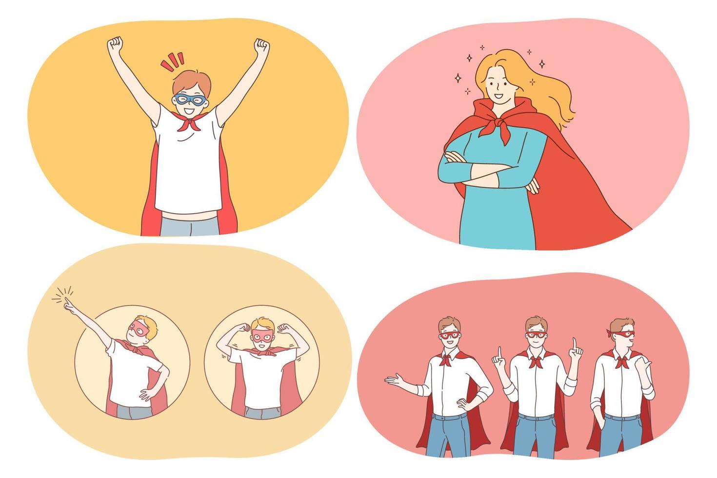 super-héros, superman, puissance, force, concept de confiance. jeunes personnages de dessins animés de personnes positives dans le manteau et le masque de costume de superman imaginant le pouvoir et le leadership. fantaisie, imagination, justice vecteur