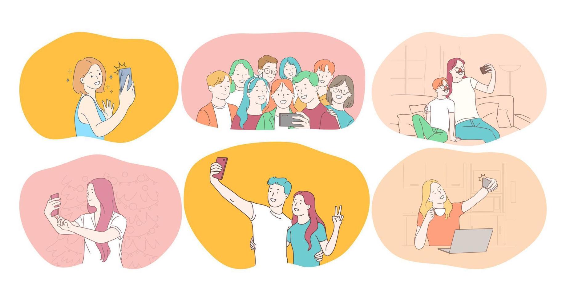 selfie, smartphone, illustration vectorielle de photographie. gens souriants amis couple adolescents famille faisant selfie sur smartphone. style de vie, photo, coup, partage, histoires, en ligne, mobile vecteur
