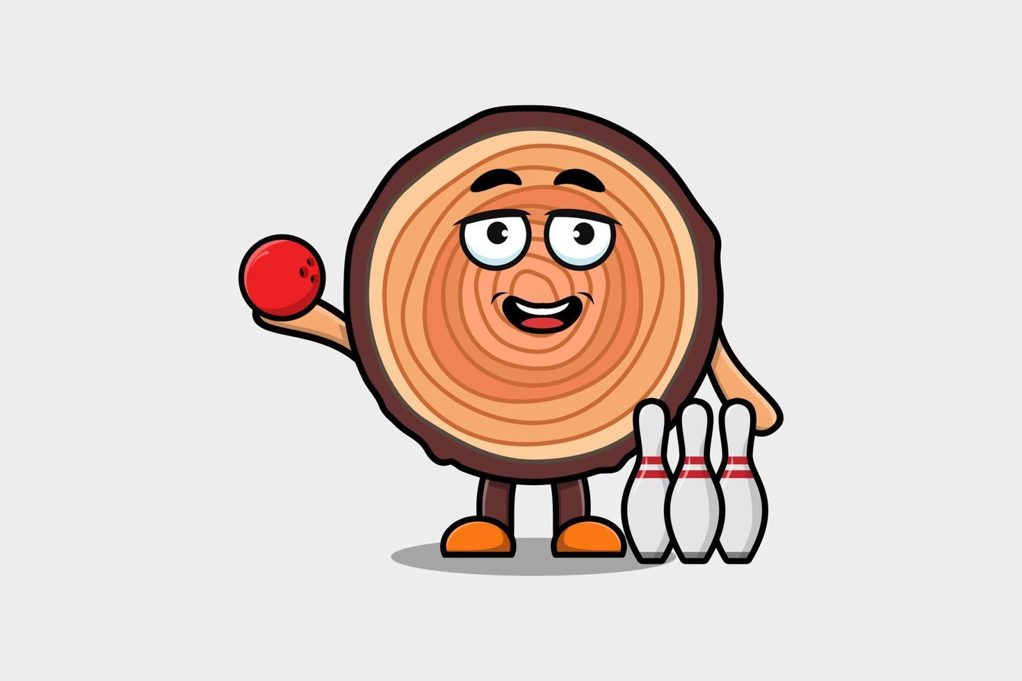 personnage de dessin animé mignon tronc de bois jouant au bowling vecteur