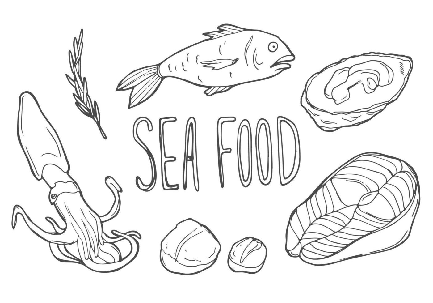 illustration d'art de ligne de doodle de fruits de mer. clipart vectoriel dessiné à la main. logos de jeu de bannières.