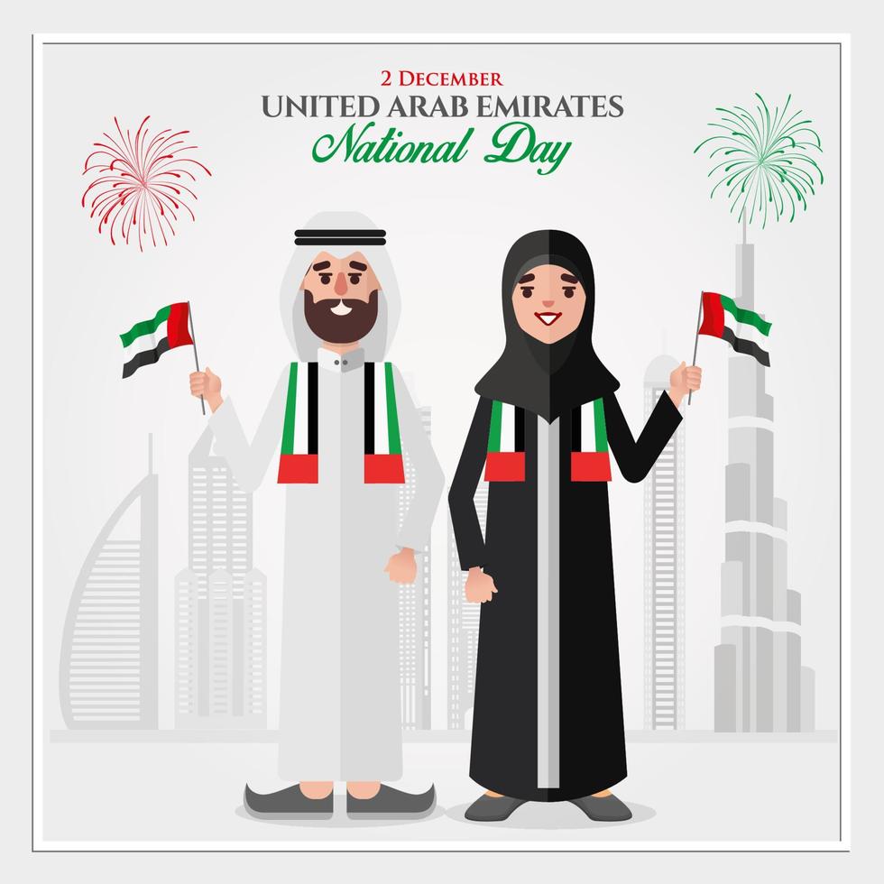 carte de voeux de la fête nationale des eau. dessin animé couple émirati tenant le drapeau national des émirats arabes unis célébrant la fête nationale des émirats arabes unis vecteur