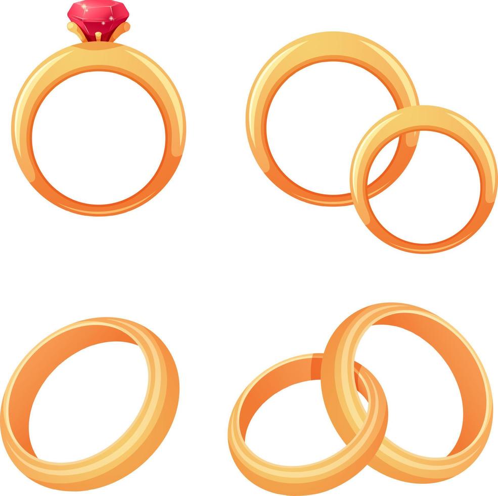 ensemble d'anneaux de mariage dorés en dessin animé vecteur