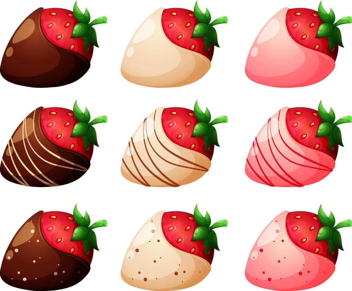 ensemble de fraises romantiques de dessin animé au chocolat. fraises pour la saint valentin vecteur