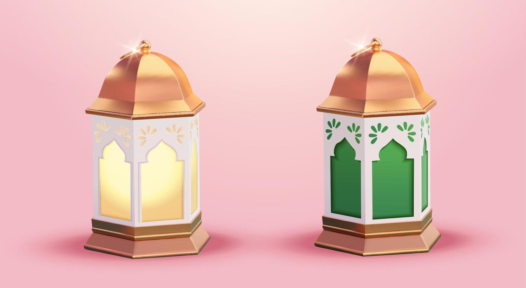 Illustration 3d de deux fanous métalliques. une des lanternes est allumée et une autre est éteinte. éléments adaptés au ramadan ou aux vacances islamiques vecteur