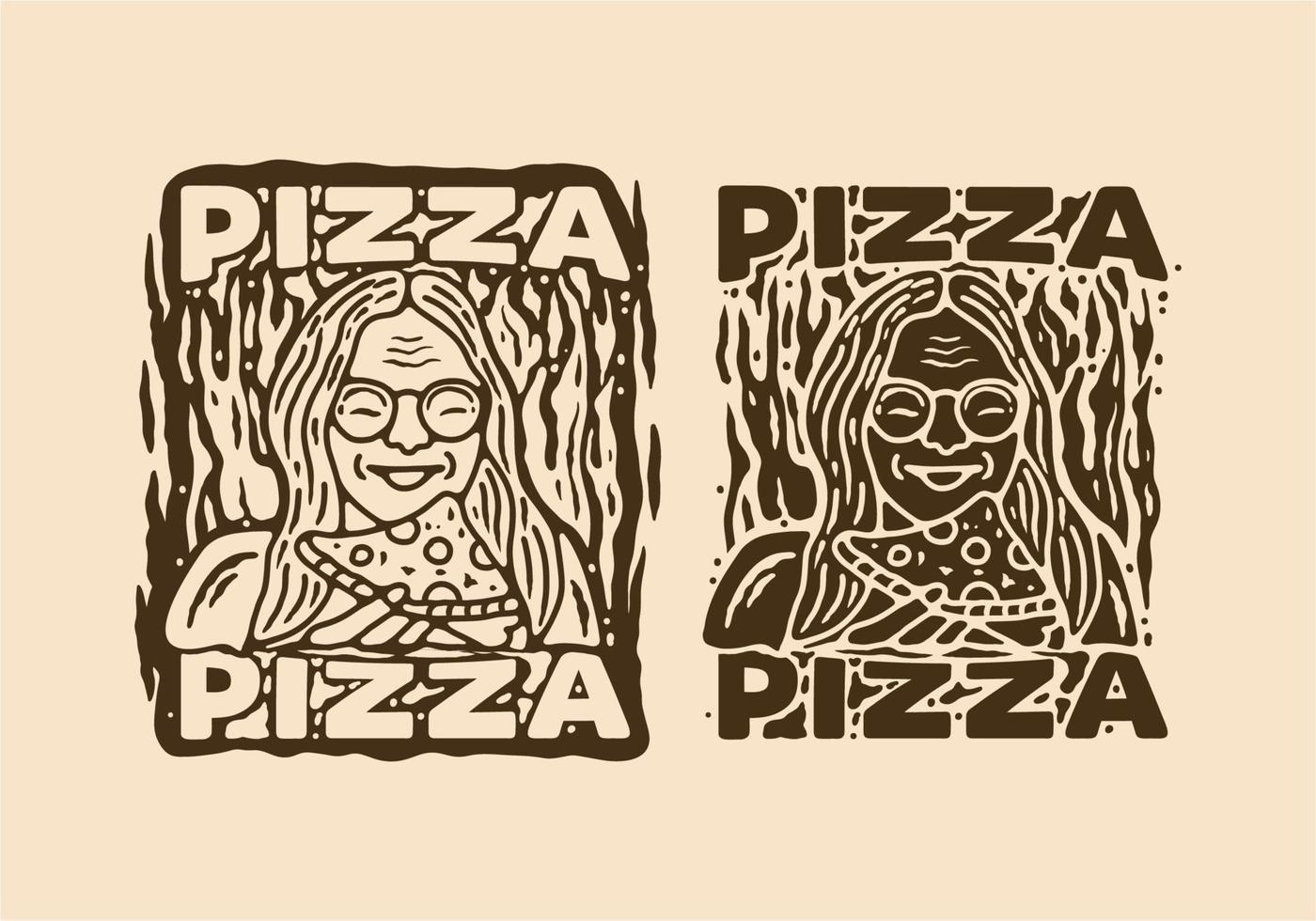 dessin d'illustration vintage de femme mangeant de la pizza vecteur