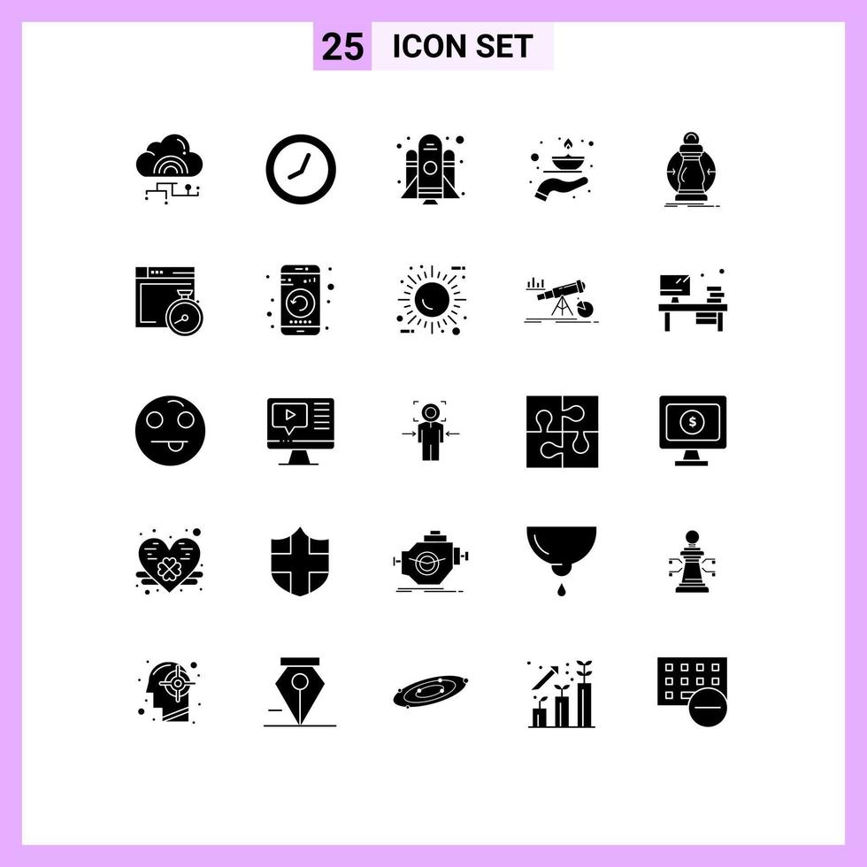 interface mobile glyphe solide ensemble de 25 pictogrammes d'éléments de conception vectoriels modifiables de feu de lampe de fusée à huile de coût vecteur