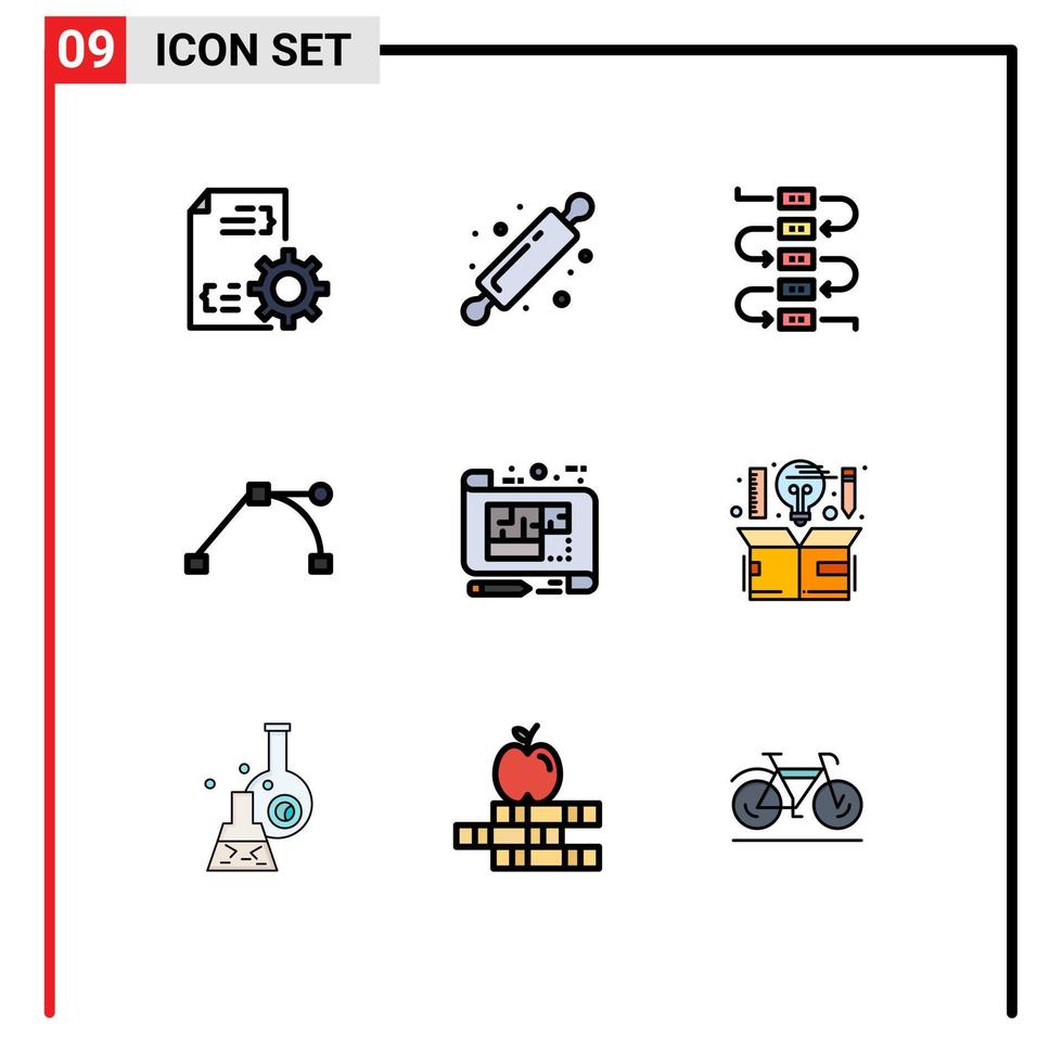 ensemble de pictogrammes de 9 couleurs plates remplies simples d'éléments de conception vectoriels modifiables de chemin d'architecture de musique bleue au sol vecteur