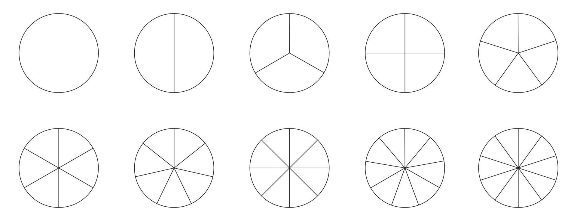 icône de tranche de segment. modèle de graphique à secteurs. cercle section graphique dessin au trait. 1,2,3,4,5,6,7,8,9,10 segments infographiques. pièces de roue de diagramme. élément géométrique. vecteur