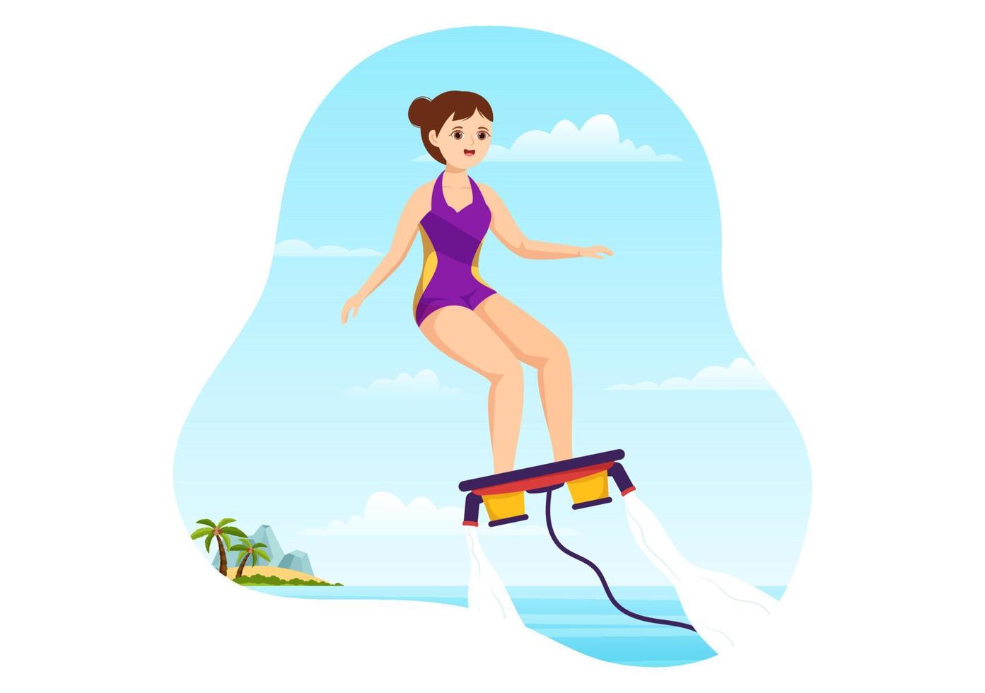 illustration de flyboard avec des personnes faisant du jet pack en vacances d'été à la plage dans des modèles dessinés à la main de dessin animé d'activités de sports nautiques extrêmes plats vecteur