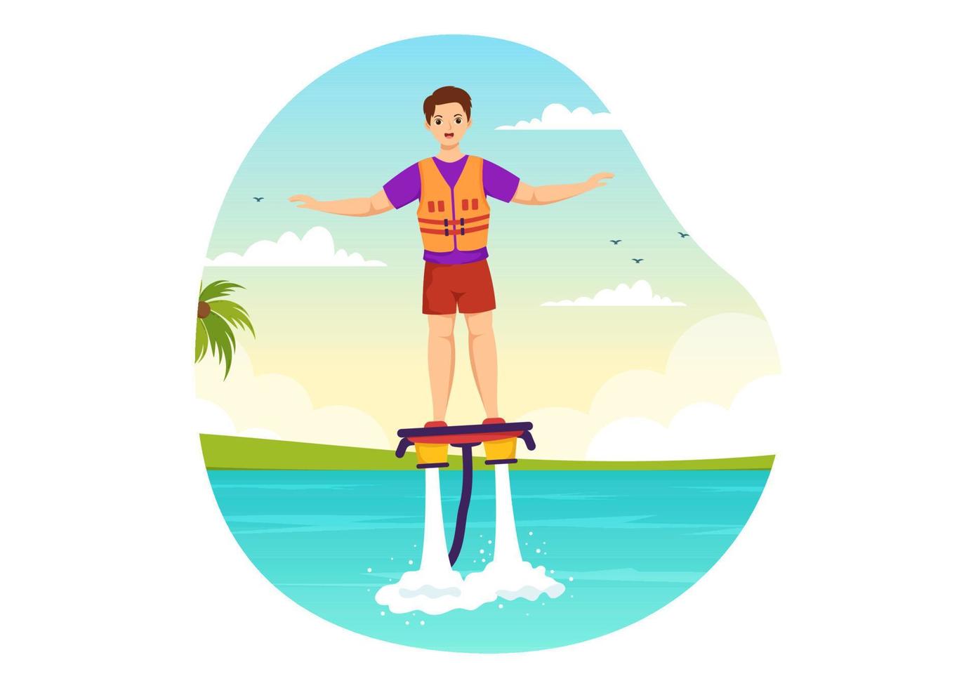 illustration de flyboard avec des personnes faisant du jet pack en vacances d'été à la plage dans des modèles dessinés à la main de dessin animé d'activités de sports nautiques extrêmes plats vecteur