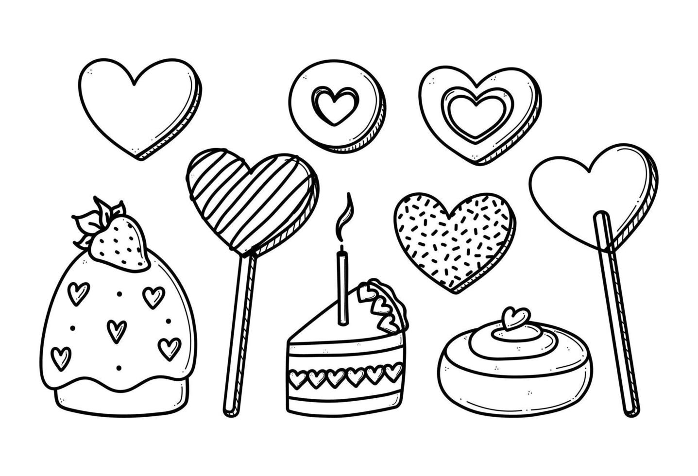 illustration vectorielle de bonbons romantiques valentines en forme de coeur dessinés à la main. petit gâteau mignon, biscuits, sucette, brioches à la cannelle vecteur