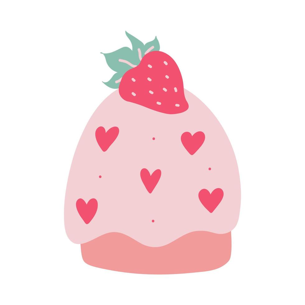 doodle cupcake aux fraises sucrées avec illustration vectorielle de coeurs. vecteur