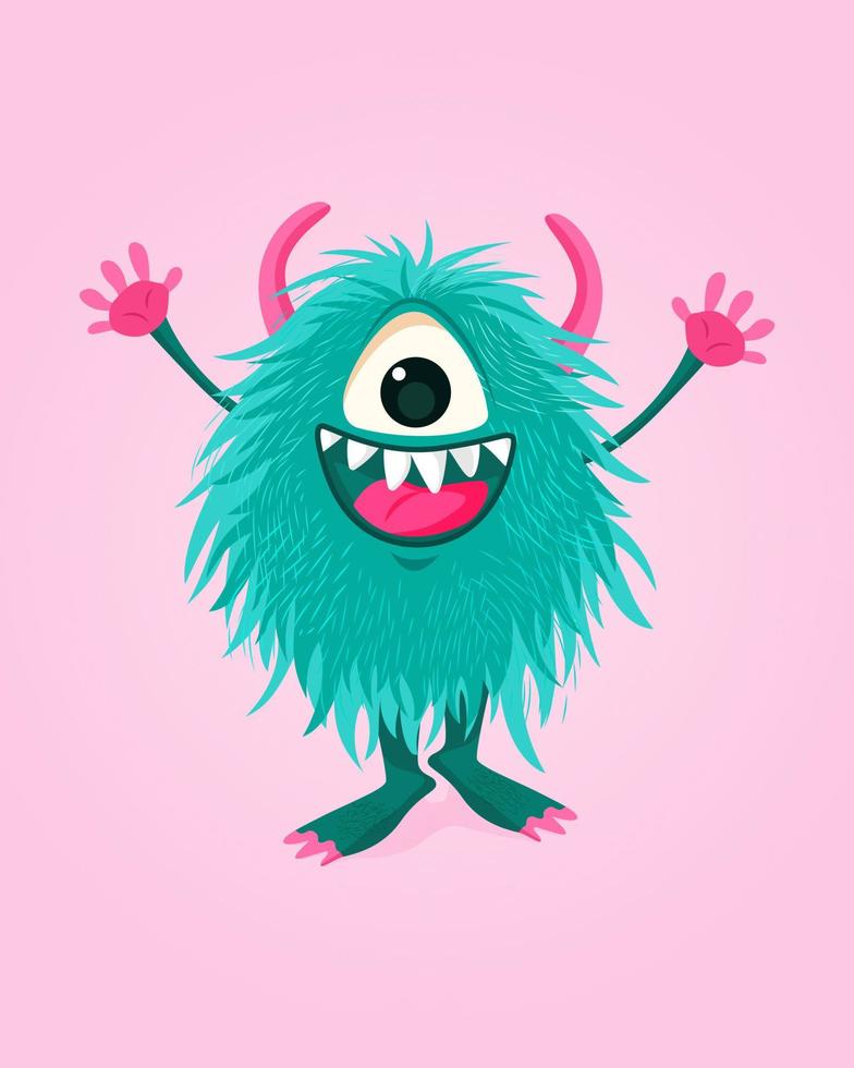 monstre de dessin animé heureux avec fourrure bleue et cornes. illustration vectorielle isolée colorée pour toute utilisation. vecteur