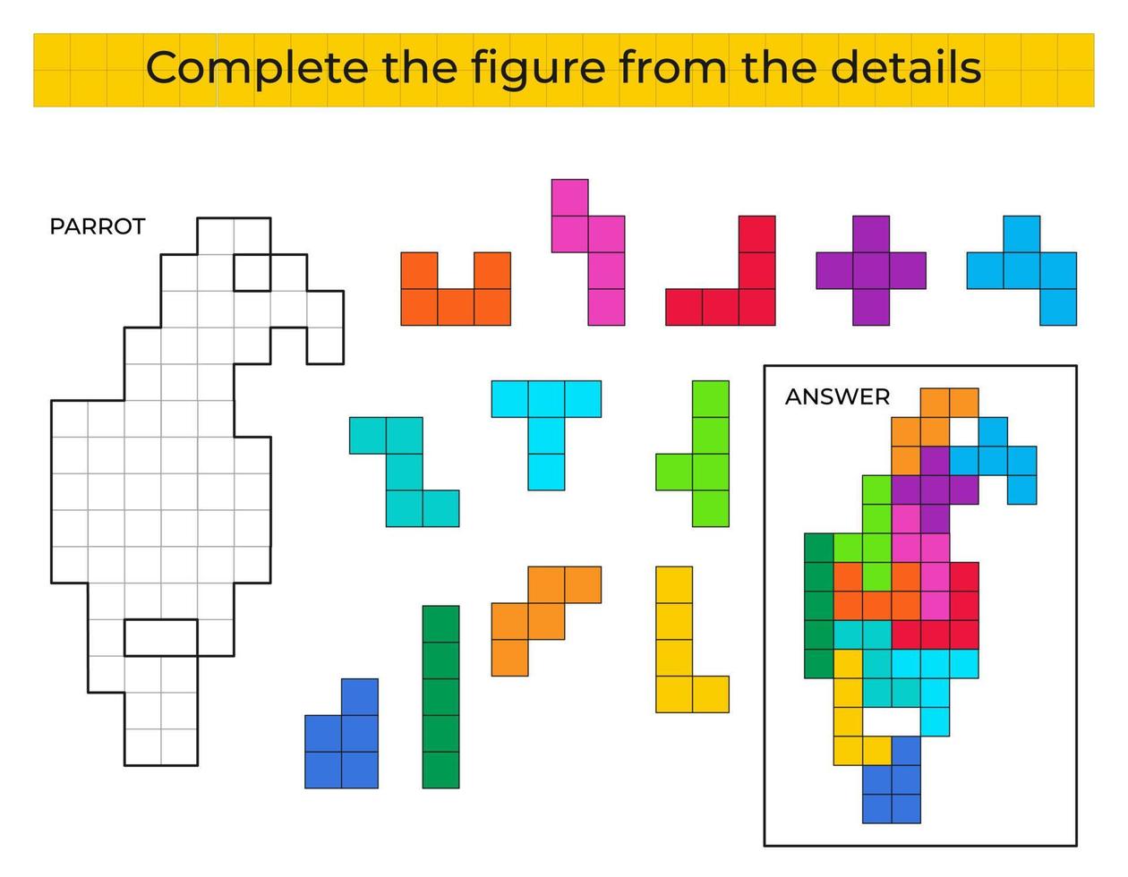 jeu de puzzle avec perroquet. détails colorés pour les enfants. figure complète. jeu éducatif pour les enfants, activité de feuille de calcul préscolaire. puzzle. illustration vectorielle. vecteur