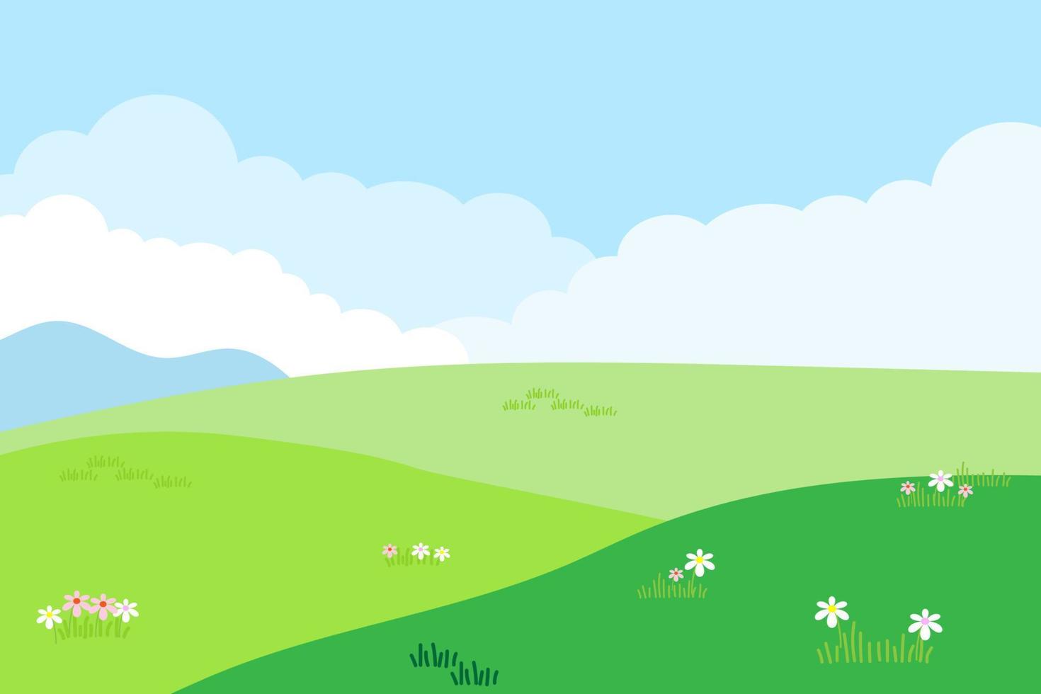 vecteur de printemps dans un paysage de ciel bleu naturel, prairie sur des collines avec des fleurs illustration de plantes vertes