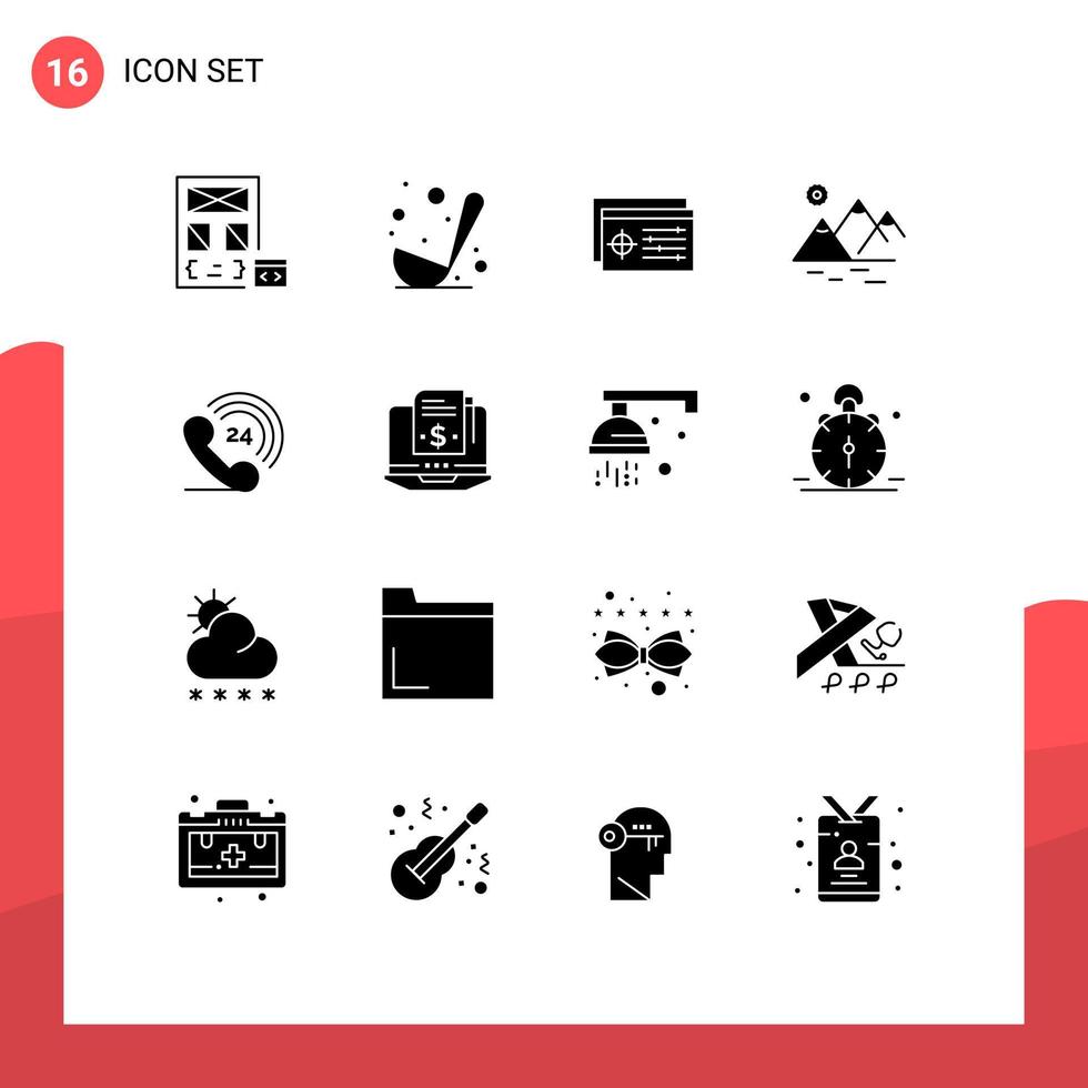 16 concept de glyphe solide pour sites Web mobile et applications téléphone soleil louche objet de montagne éléments de conception vectoriels modifiables vecteur