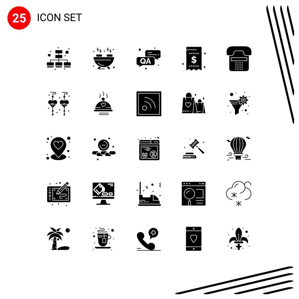 interface mobile glyphe solide ensemble de 25 pictogrammes de communication de l'appareil question appel argent éléments de conception vectoriels modifiables vecteur